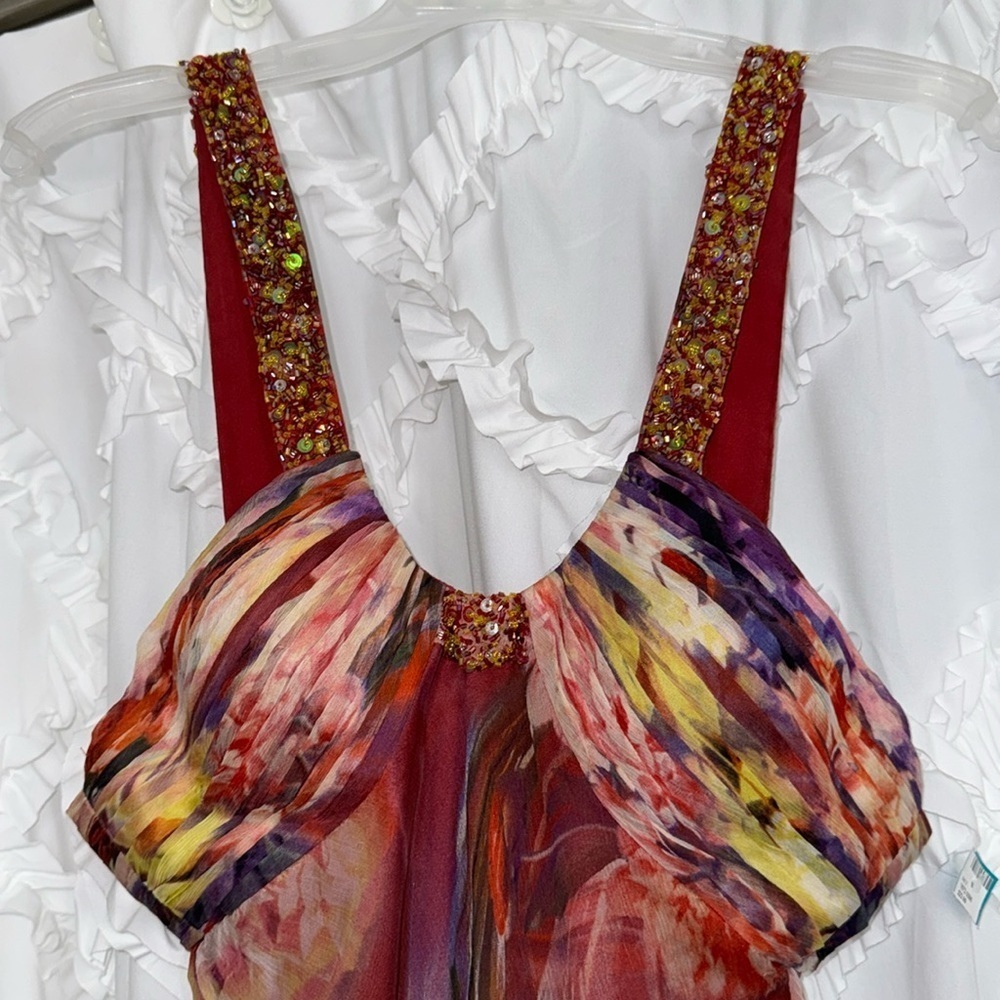 Fabivana Couture gown purple pink yellow orange  57 inches shoulder to floor